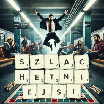 Kreatywna ilustracja do gry w Scrabble ze słowem SZLACHETNIEJSI ułożonym z płytek na planszy.