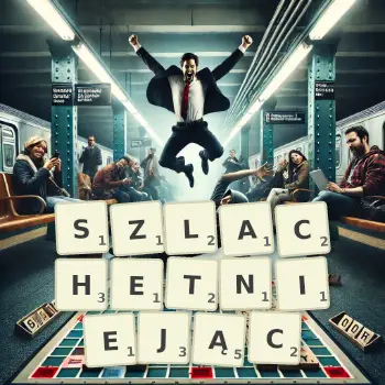 Kreatywna ilustracja do gry w Scrabble ze słowem SZLACHETNIEJĄC ułożonym z płytek na planszy.