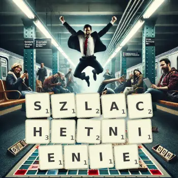 Kreatywna ilustracja do gry w Scrabble ze słowem SZLACHETNIENIE ułożonym z płytek na planszy.