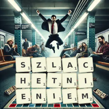 Kreatywna ilustracja do gry w Scrabble ze słowem SZLACHETNIENIEM ułożonym z płytek na planszy.