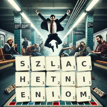 Kreatywna ilustracja do gry w Scrabble ze słowem SZLACHETNIENIOM ułożonym z płytek na planszy.
