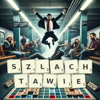 Kreatywna ilustracja do gry w Scrabble ze słowem SZLACHTAWIE ułożonym z płytek na planszy.