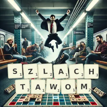 Kreatywna ilustracja do gry w Scrabble ze słowem SZLACHTAWOM ułożonym z płytek na planszy.