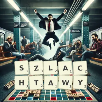 Kreatywna ilustracja do gry w Scrabble ze słowem SZLACHTAWY ułożonym z płytek na planszy.