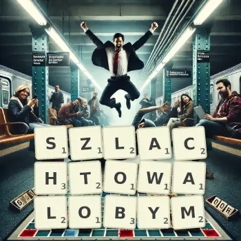 Kreatywna ilustracja do gry w Scrabble ze słowem SZLACHTOWALOBYM ułożonym z płytek na planszy.