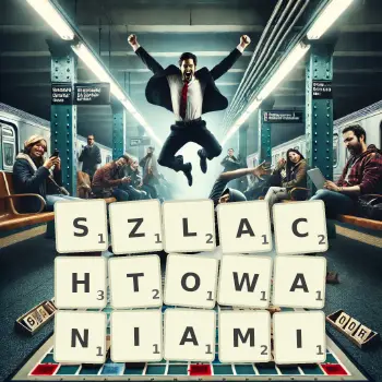 Kreatywna ilustracja do gry w Scrabble ze słowem SZLACHTOWANIAMI ułożonym z płytek na planszy.