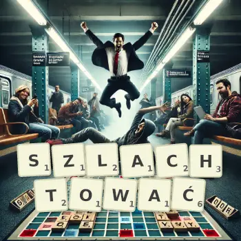 Kreatywna ilustracja do gry w Scrabble ze słowem SZLACHTOWAĆ ułożonym z płytek na planszy.