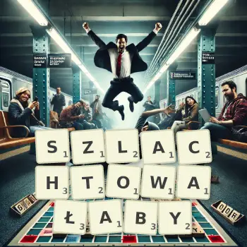 Kreatywna ilustracja do gry w Scrabble ze słowem SZLACHTOWAŁABY ułożonym z płytek na planszy.