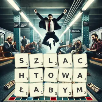 Kreatywna ilustracja do gry w Scrabble ze słowem SZLACHTOWAŁABYM ułożonym z płytek na planszy.