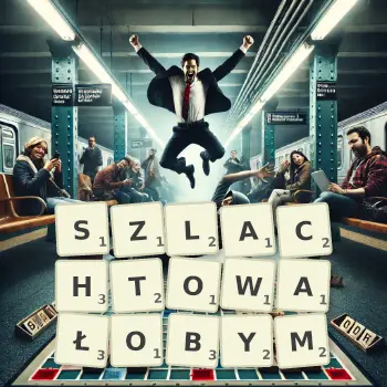 Kreatywna ilustracja do gry w Scrabble ze słowem SZLACHTOWAŁOBYM ułożonym z płytek na planszy.