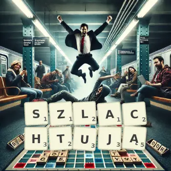 Kreatywna ilustracja do gry w Scrabble ze słowem SZLACHTUJĄ ułożonym z płytek na planszy.