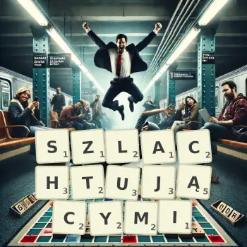 Kreatywna ilustracja do gry w Scrabble ze słowem SZLACHTUJĄCYMI ułożonym z płytek na planszy.