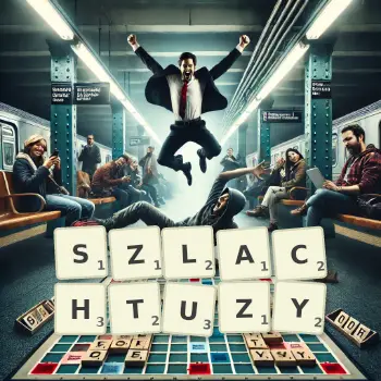 Kreatywna ilustracja do gry w Scrabble ze słowem SZLACHTUZY ułożonym z płytek na planszy.