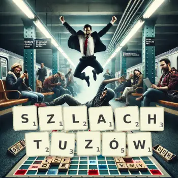 Kreatywna ilustracja do gry w Scrabble ze słowem SZLACHTUZÓW ułożonym z płytek na planszy.