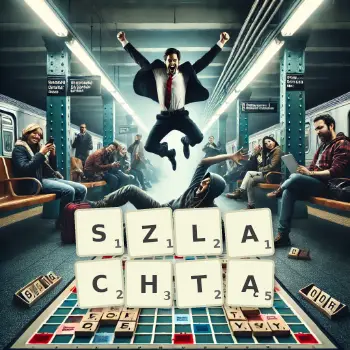 Kreatywna ilustracja do gry w Scrabble ze słowem SZLACHTĄ ułożonym z płytek na planszy.