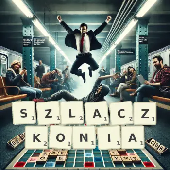 Kreatywna ilustracja do gry w Scrabble ze słowem SZLACZKONIA ułożonym z płytek na planszy.