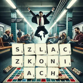 Kreatywna ilustracja do gry w Scrabble ze słowem SZLACZKONIACH ułożonym z płytek na planszy.