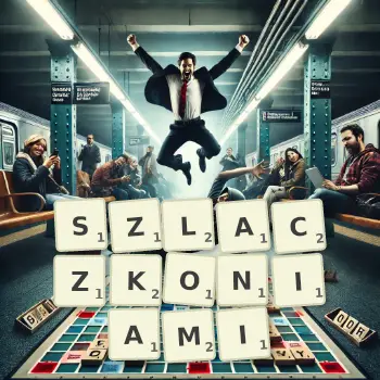 Kreatywna ilustracja do gry w Scrabble ze słowem SZLACZKONIAMI ułożonym z płytek na planszy.