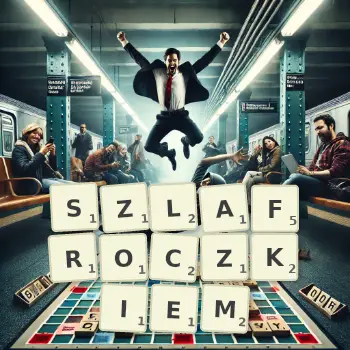Kreatywna ilustracja do gry w Scrabble ze słowem SZLAFROCZKIEM ułożonym z płytek na planszy.