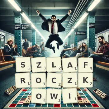 Kreatywna ilustracja do gry w Scrabble ze słowem SZLAFROCZKOWI ułożonym z płytek na planszy.