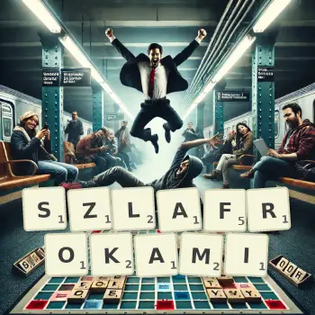 Kreatywna ilustracja do gry w Scrabble ze słowem SZLAFROKAMI ułożonym z płytek na planszy.