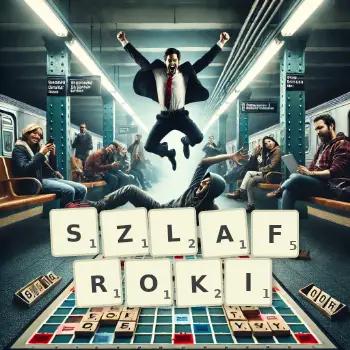 Kreatywna ilustracja do gry w Scrabble ze słowem SZLAFROKI ułożonym z płytek na planszy.
