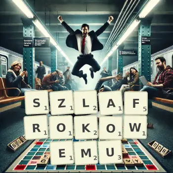 Kreatywna ilustracja do gry w Scrabble ze słowem SZLAFROKOWEMU ułożonym z płytek na planszy.