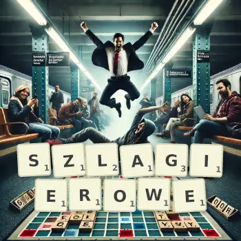 Kreatywna ilustracja do gry w Scrabble ze słowem SZLAGIEROWE ułożonym z płytek na planszy.