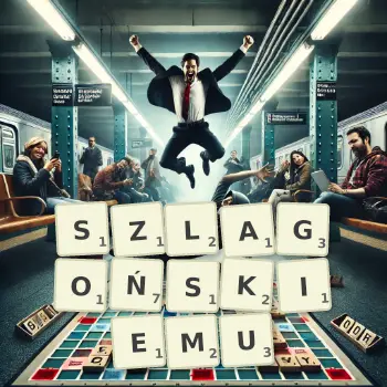 Kreatywna ilustracja do gry w Scrabble ze słowem SZLAGOŃSKIEMU ułożonym z płytek na planszy.