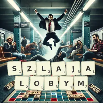Kreatywna ilustracja do gry w Scrabble ze słowem SZLAJALOBYM ułożonym z płytek na planszy.