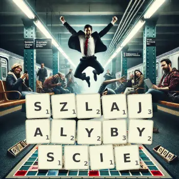 Kreatywna ilustracja do gry w Scrabble ze słowem SZLAJALYBYSCIE ułożonym z płytek na planszy.