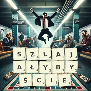 Kreatywna ilustracja do gry w Scrabble ze słowem SZLAJAŁYBYŚCIE ułożonym z płytek na planszy.