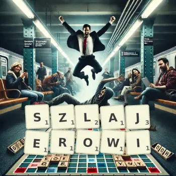 Kreatywna ilustracja do gry w Scrabble ze słowem SZLAJEROWI ułożonym z płytek na planszy.