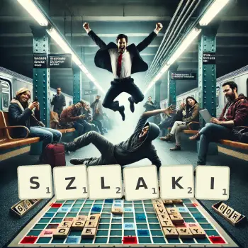 Kreatywna ilustracja do gry w Scrabble ze słowem SZLAKI ułożonym z płytek na planszy.