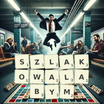 Kreatywna ilustracja do gry w Scrabble ze słowem SZLAKOWALABYM ułożonym z płytek na planszy.