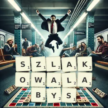 Kreatywna ilustracja do gry w Scrabble ze słowem SZLAKOWALABYS ułożonym z płytek na planszy.