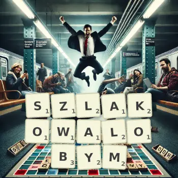 Kreatywna ilustracja do gry w Scrabble ze słowem SZLAKOWALOBYM ułożonym z płytek na planszy.