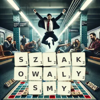 Kreatywna ilustracja do gry w Scrabble ze słowem SZLAKOWALYSMY ułożonym z płytek na planszy.