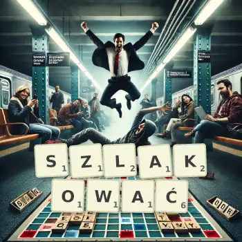 Kreatywna ilustracja do gry w Scrabble ze słowem SZLAKOWAĆ ułożonym z płytek na planszy.