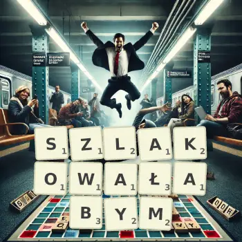 Kreatywna ilustracja do gry w Scrabble ze słowem SZLAKOWAŁABYM ułożonym z płytek na planszy.