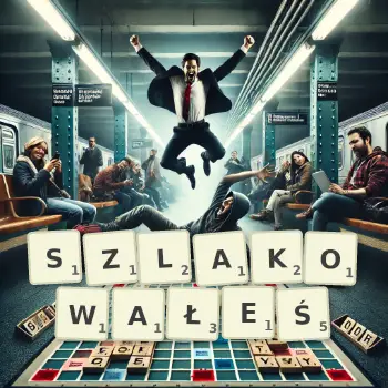 Kreatywna ilustracja do gry w Scrabble ze słowem SZLAKOWAŁEŚ ułożonym z płytek na planszy.