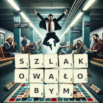 Kreatywna ilustracja do gry w Scrabble ze słowem SZLAKOWAŁOBYM ułożonym z płytek na planszy.