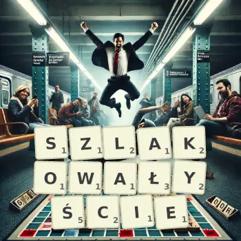 Kreatywna ilustracja do gry w Scrabble ze słowem SZLAKOWAŁYŚCIE ułożonym z płytek na planszy.