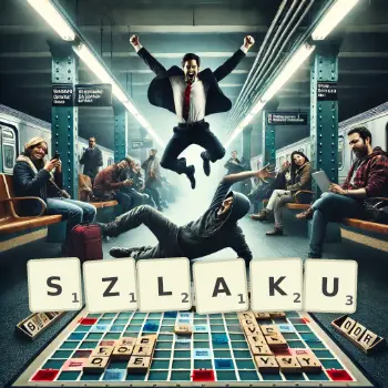 Kreatywna ilustracja do gry w Scrabble ze słowem SZLAKU ułożonym z płytek na planszy.