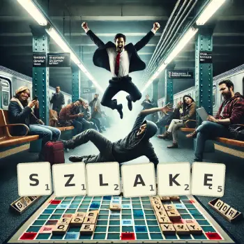 Kreatywna ilustracja do gry w Scrabble ze słowem SZLAKĘ ułożonym z płytek na planszy.