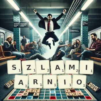 Kreatywna ilustracja do gry w Scrabble ze słowem SZLAMIARNIO ułożonym z płytek na planszy.