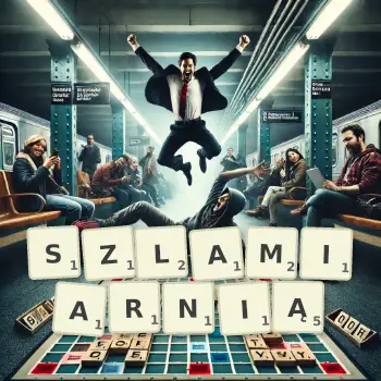Kreatywna ilustracja do gry w Scrabble ze słowem SZLAMIARNIĄ ułożonym z płytek na planszy.