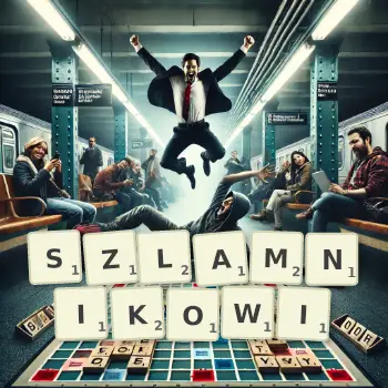 Kreatywna ilustracja do gry w Scrabble ze słowem SZLAMNIKOWI ułożonym z płytek na planszy.