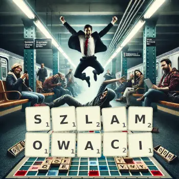Kreatywna ilustracja do gry w Scrabble ze słowem SZLAMOWACI ułożonym z płytek na planszy.