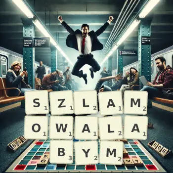 Kreatywna ilustracja do gry w Scrabble ze słowem SZLAMOWALABYM ułożonym z płytek na planszy.
